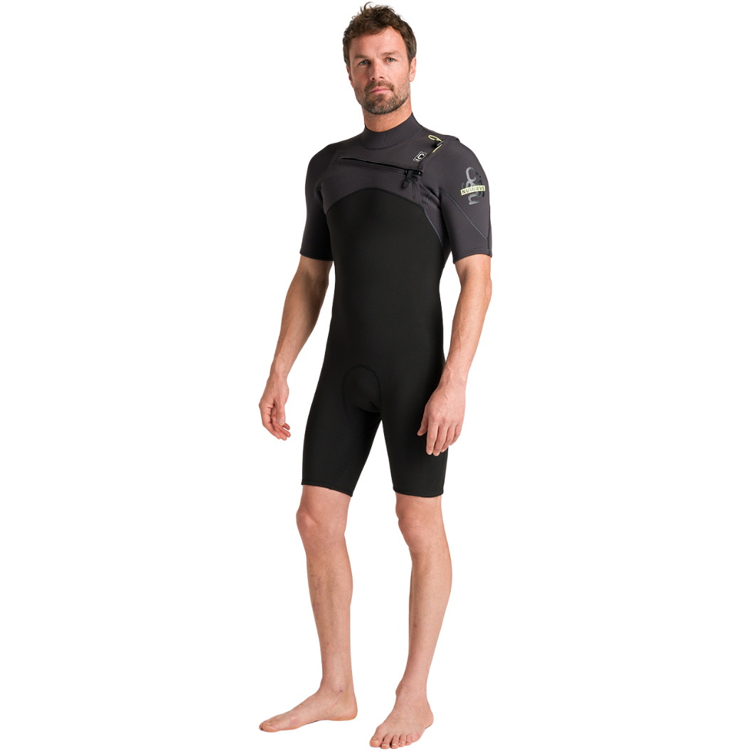 2026 C-Skins Mens NuWave Session Lite 2/2mm Chest Zip Shorty Wetsuit C-NSEL22SHM - Black / Meteor